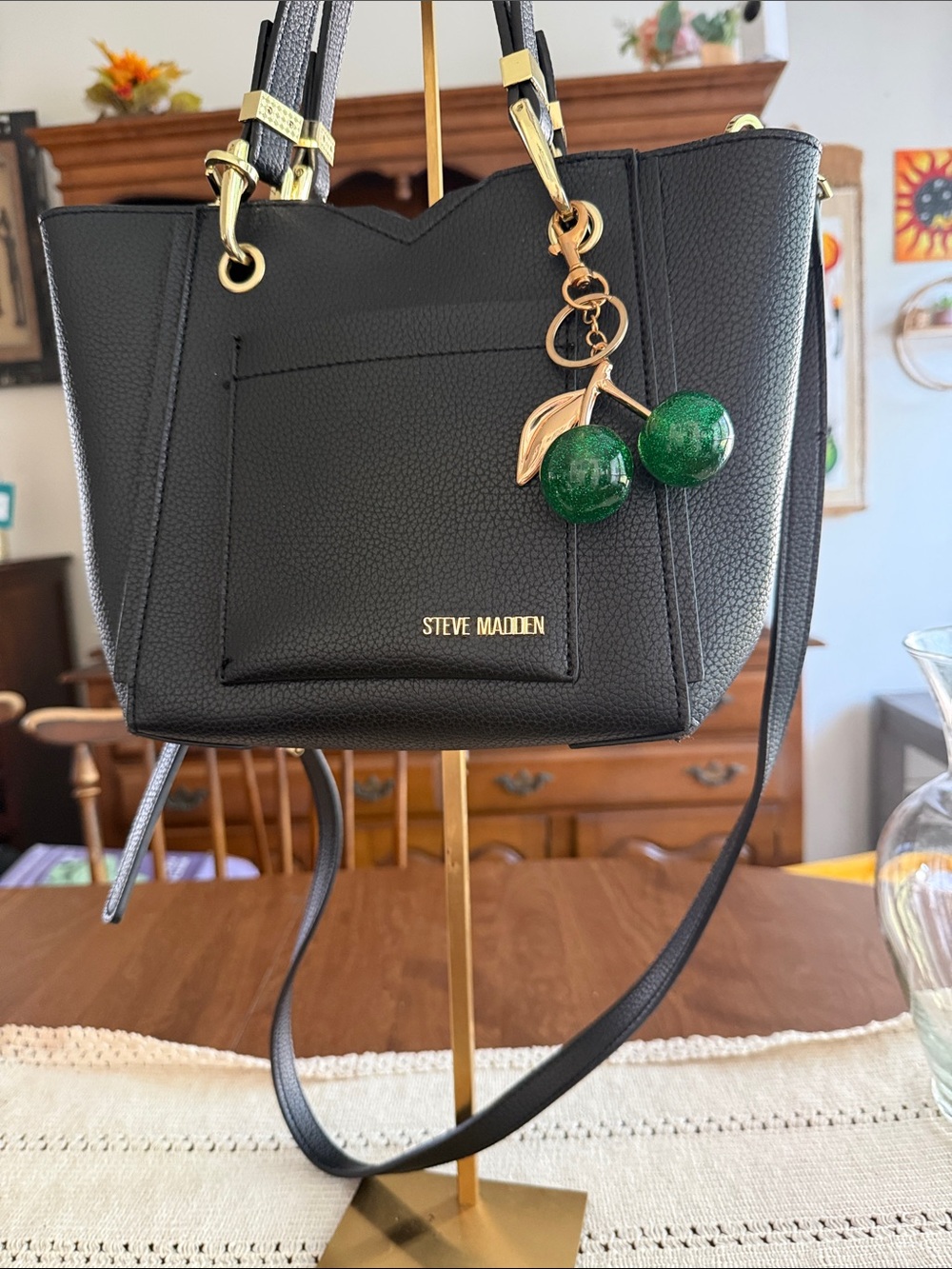 Steve Madden Black Pebbled Leather Tote with Green Cherry Charm